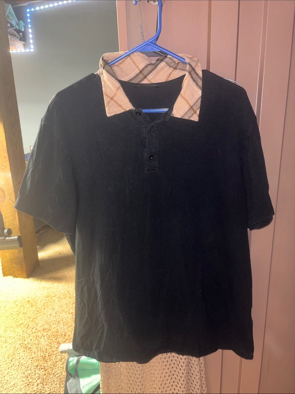 SHEIN Black Short-Sleeve Polo with Tan Plaid Contrast Collar